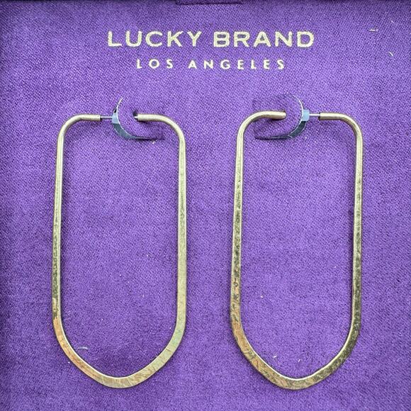 Lucky Brand Hammered Long Gold Tone Brutalist Hoop Earrings New In Box - Picture 1 of 9